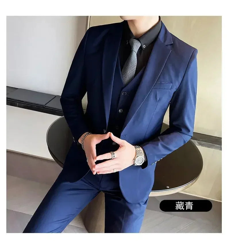 Suit (Blazer+ vest + trousers) Men's fashionable business solid-color wedding British-style workwear, casual performance suit