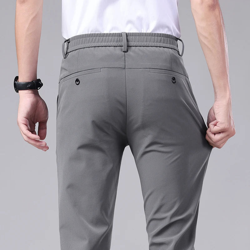 Ultra-thin Elastic Men's Casual Trousers Summer Quick-drying Ice Silk Slim Straight Business Solid Color Trousers Black Gray