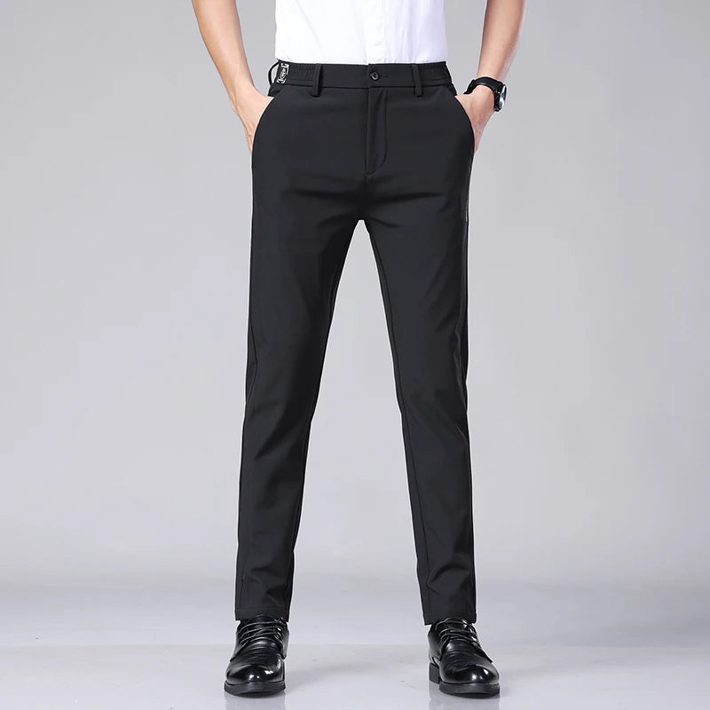 Ultra-thin Elastic Men's Casual Trousers Summer Quick-drying Ice Silk Slim Straight Business Solid Color Trousers Black Gray