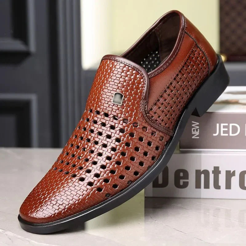 Men's Synthetic Leather Shoes Soft Sole Breathable Low Heeled Business Casual Shoes Hollow Out Dress Sandals Middle Aged