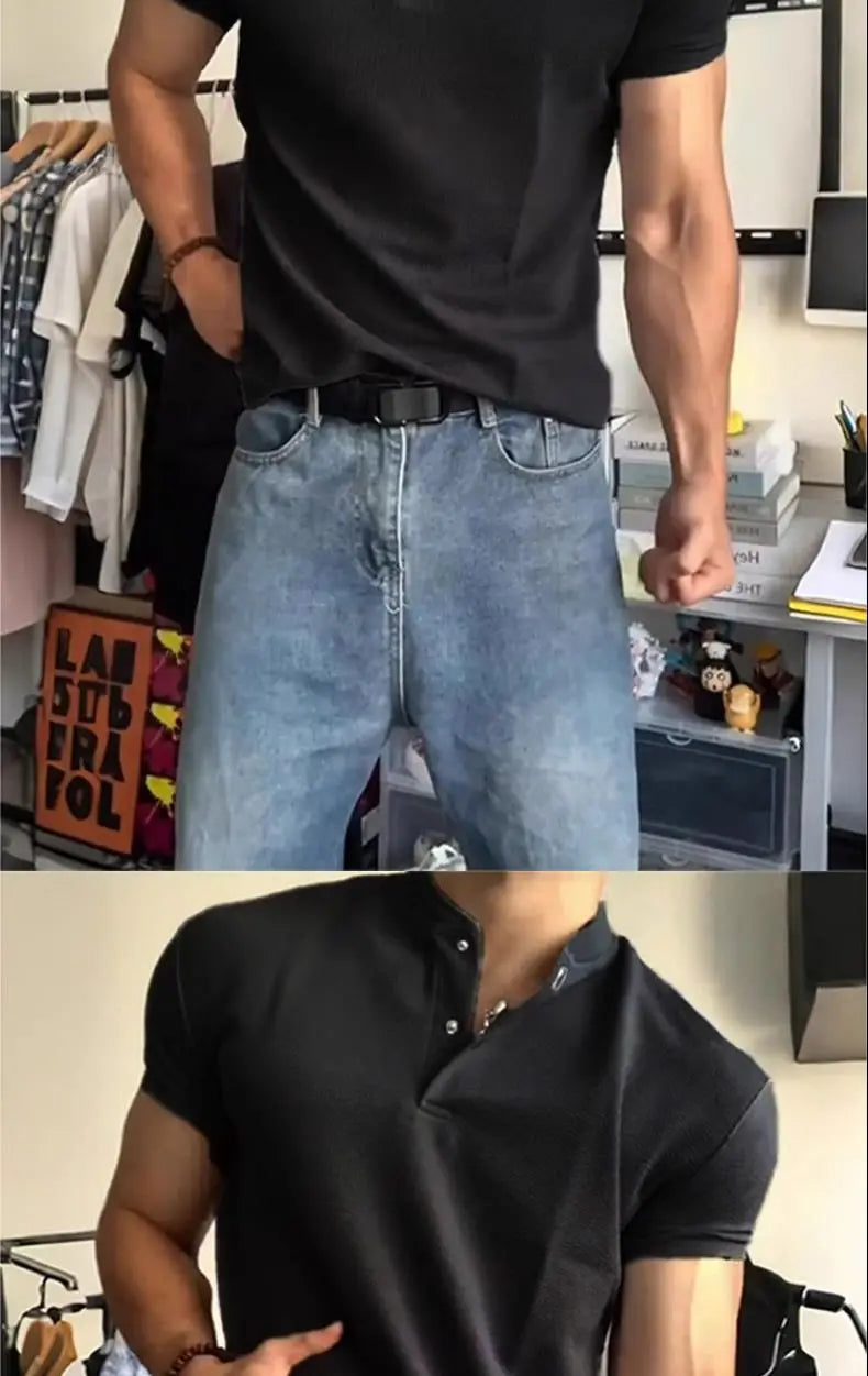 Short-sleeved T-shirt for Men Summer American-style Sports Fitness Regular Shoulder Muscle-revealing Three-quarter Sleeve