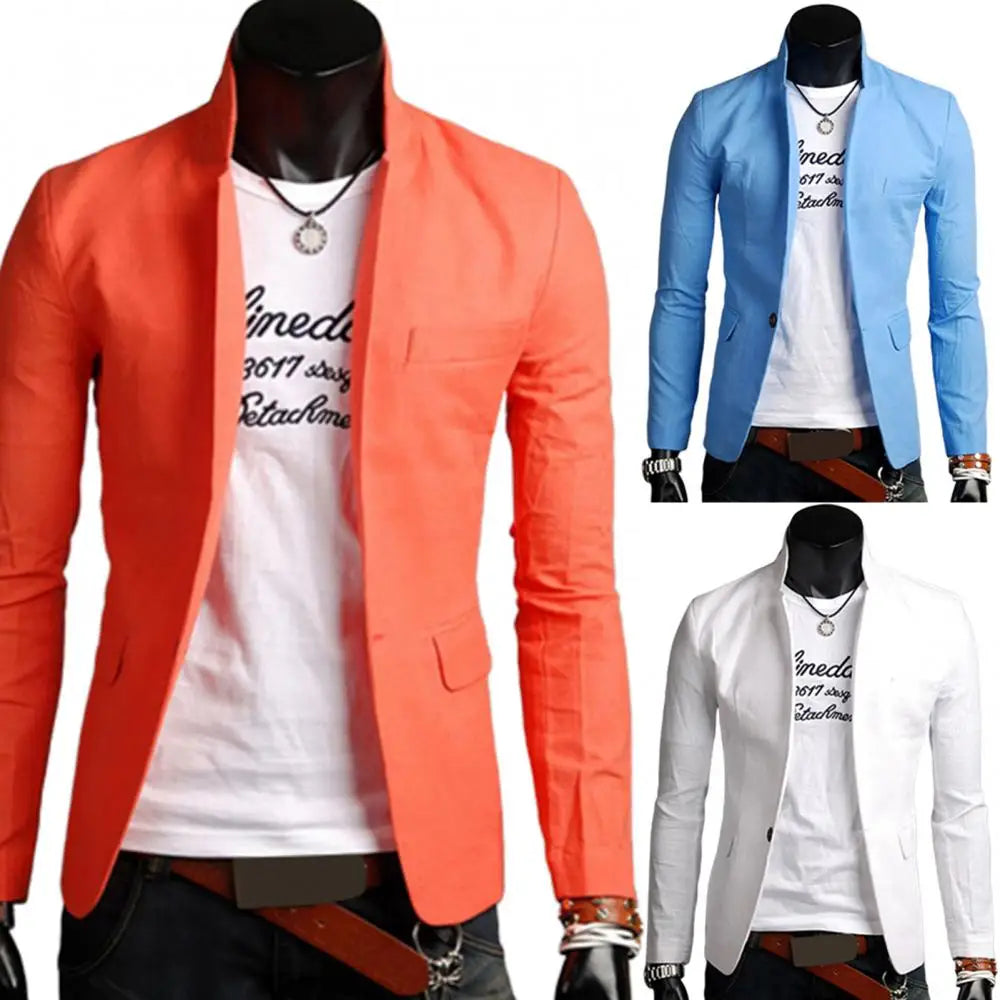 Business Autumn Pockets Men Coat Solid Color Lapel Collar Button Decor Business Blazer