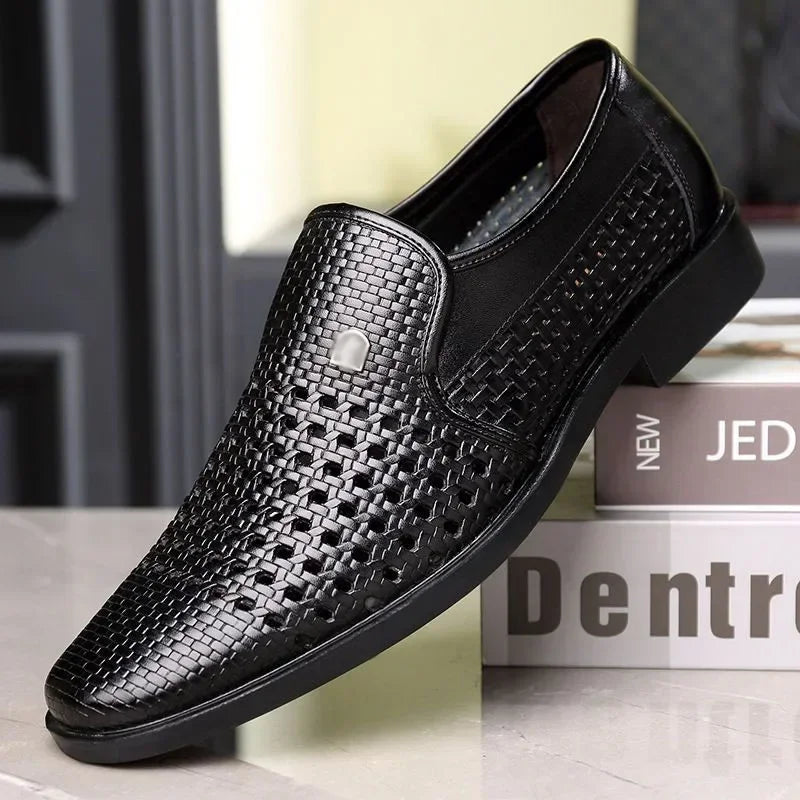 Men's Synthetic Leather Shoes Soft Sole Breathable Low Heeled Business Casual Shoes Hollow Out Dress Sandals Middle Aged