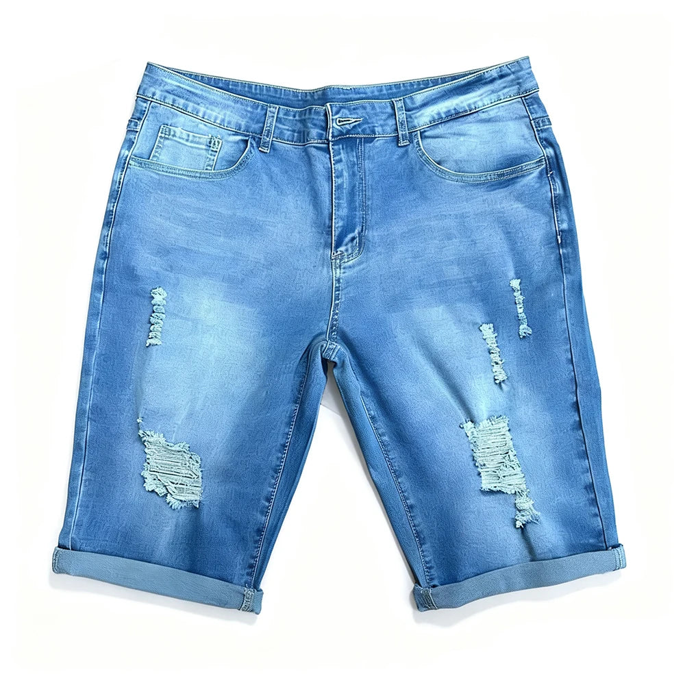 Summer Men's Retro High Waist Denim Shorts Hole-Punched Straight Leg Stretchy Casual Jeans Blue Black American Style Male Pants