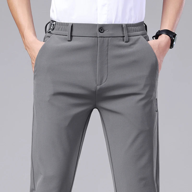 Ultra-thin Elastic Men's Casual Trousers Summer Quick-drying Ice Silk Slim Straight Business Solid Color Trousers Black Gray