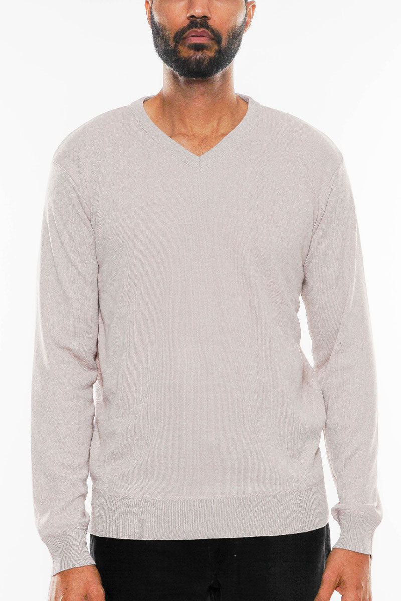 Solid V neck Knit Pullover Sweatshirt