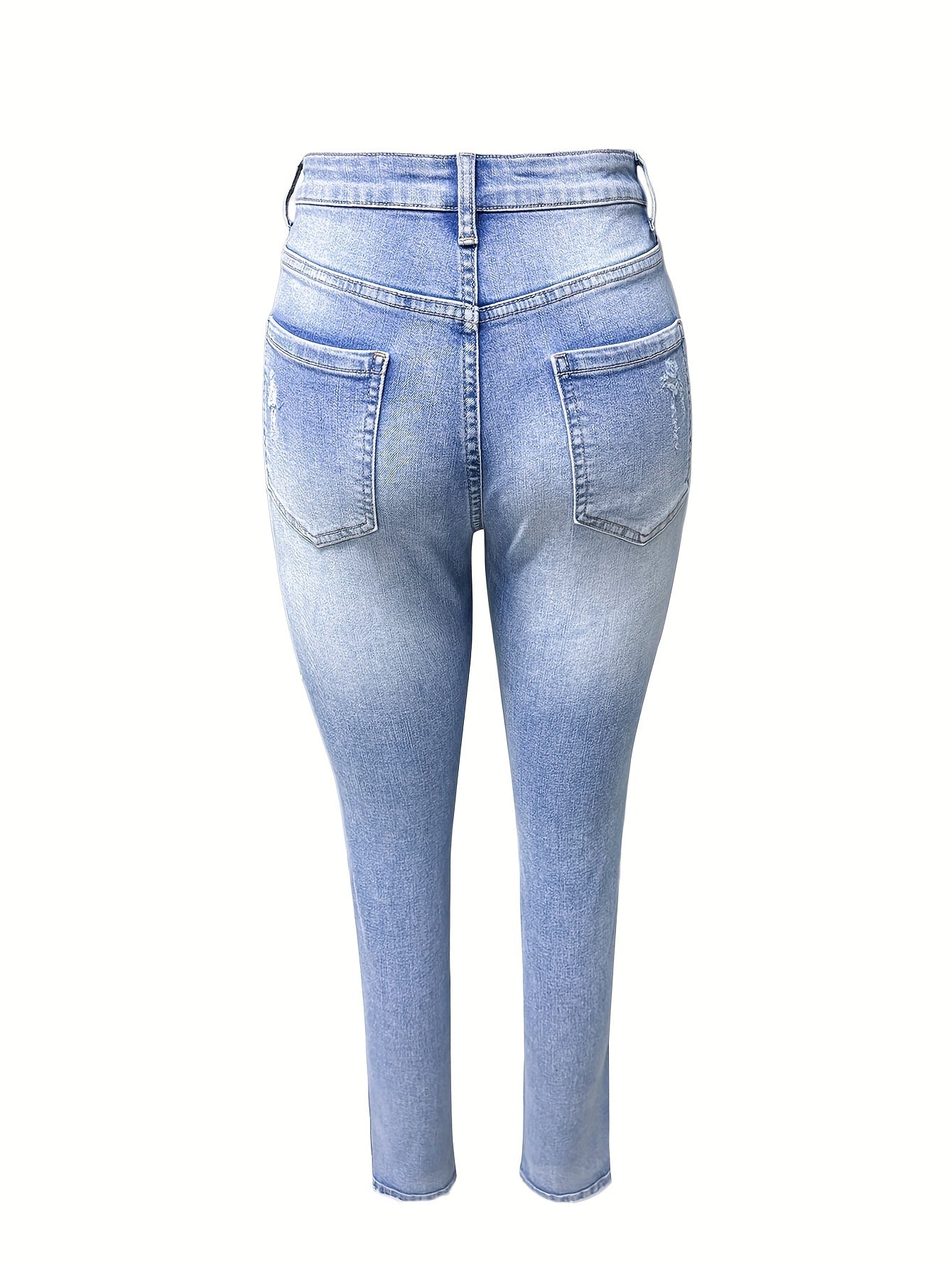 Women's Stretch Denim Jeans - Vintage Street Style, Mid-Rise, Ripped Knee-Length, Light Blue, Casual Streetwear, All-Season Comfort Fit, Comfortable Clothing | Vintage Street Style | Stretch Denim Fabric