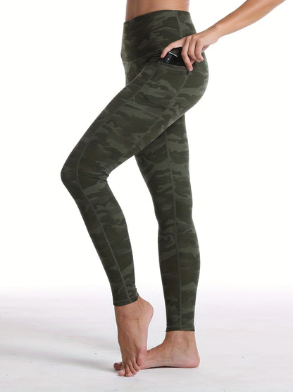 Women's Activewear: Stretchy Camo Print High Waist Pocket Leggings with Breathable Sweat Absorption & Ankle Length - Perfect for Sports! For Fall & Winter