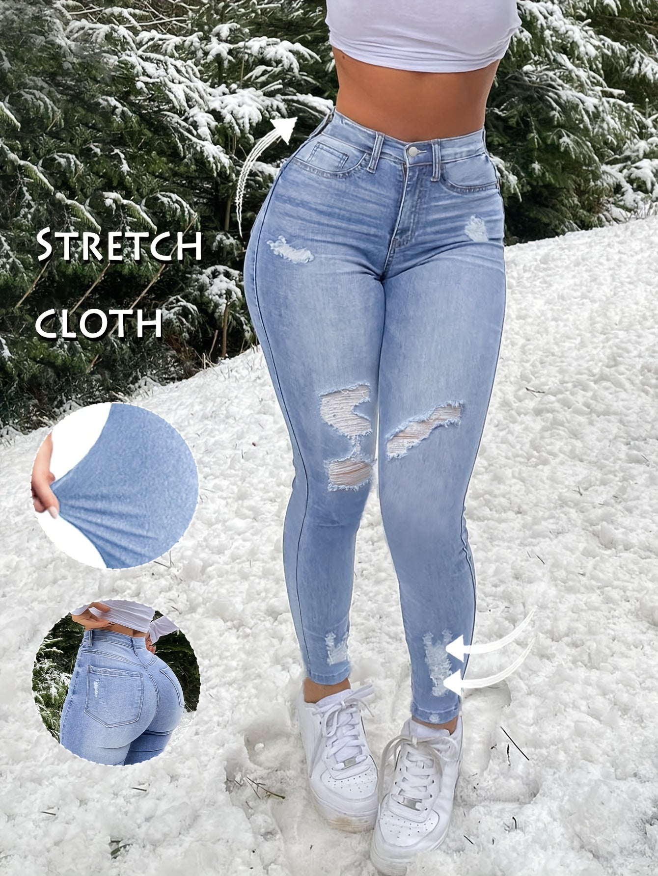Women's Stretch Denim Jeans - Vintage Street Style, Mid-Rise, Ripped Knee-Length, Light Blue, Casual Streetwear, All-Season Comfort Fit, Comfortable Clothing | Vintage Street Style | Stretch Denim Fabric