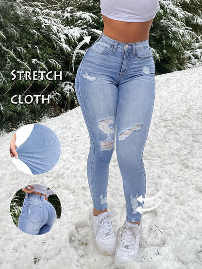Women's Stretch Denim Jeans - Vintage Street Style, Mid-Rise, Ripped Knee-Length, Light Blue, Casual Streetwear, All-Season Comfort Fit, Comfortable Clothing | Vintage Street Style | Stretch Denim Fabric