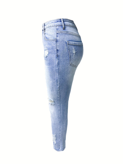 Women's Stretch Denim Jeans - Vintage Street Style, Mid-Rise, Ripped Knee-Length, Light Blue, Casual Streetwear, All-Season Comfort Fit, Comfortable Clothing | Vintage Street Style | Stretch Denim Fabric