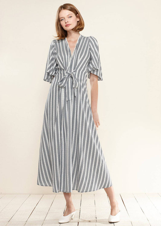 Ditsy Gingham Tie-Front Maxi Dress