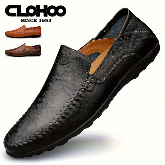 [CLOHOO, Leather Business Shoes] CLOHOO Men's Slip-On Business Casual Shoes | Breathable Second-Layer Leather Upper, Comfortable PU Lining & Rubber Sole, All-Season Versatile for Office, Travel & Vacation - Black, Refined App