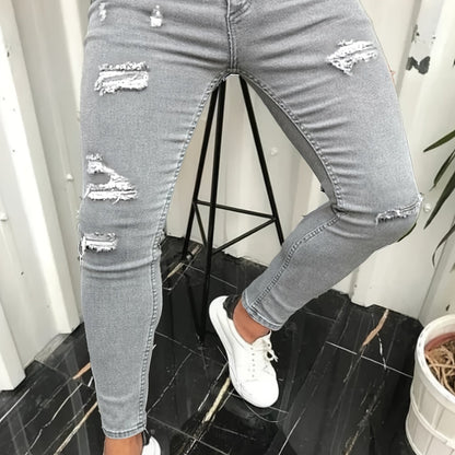 New Men'S Casual Slim Fit Worn-out Jeans With Elastic Fashion Trend Men'S Jeans