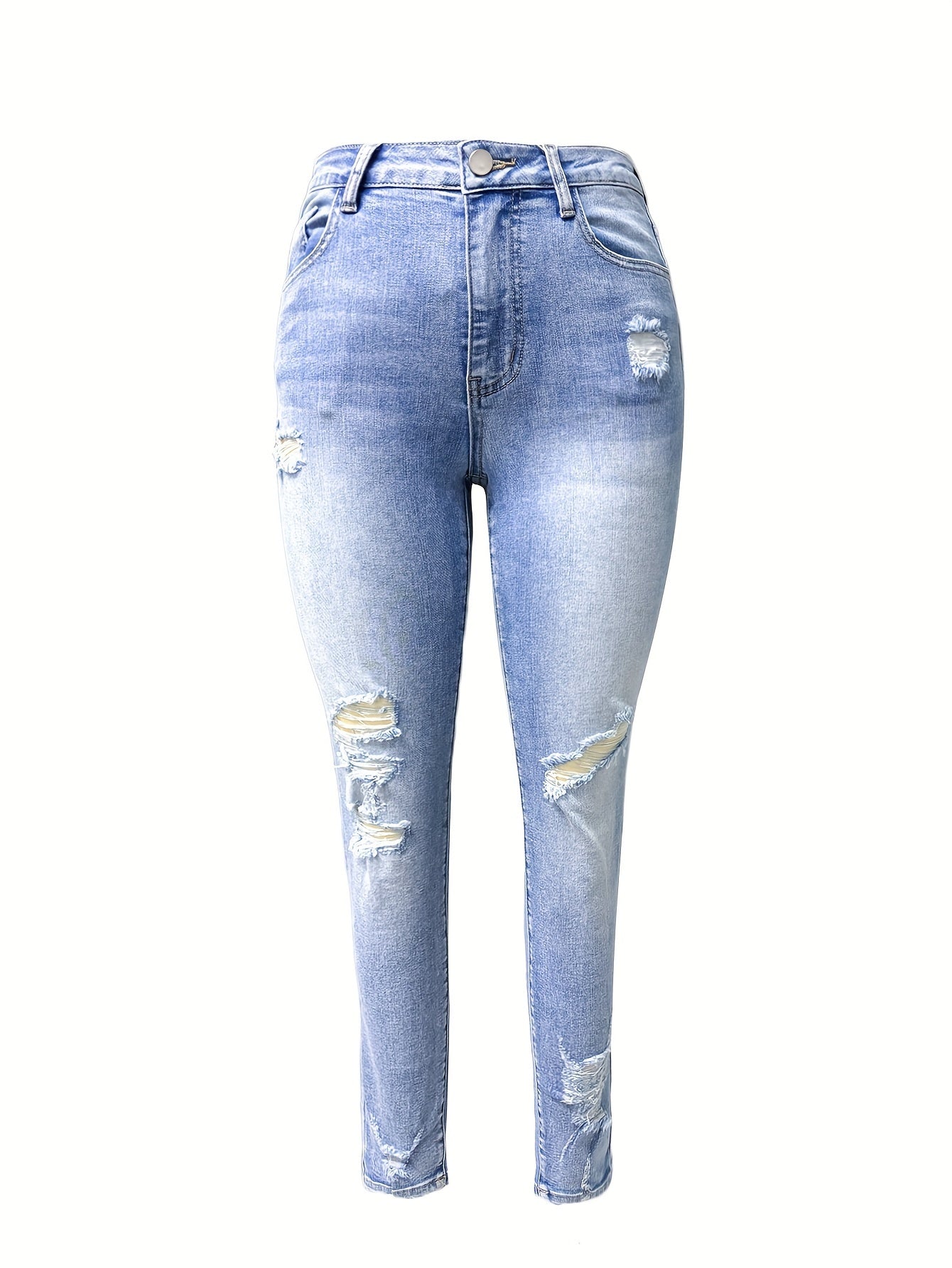 Women's Stretch Denim Jeans - Vintage Street Style, Mid-Rise, Ripped Knee-Length, Light Blue, Casual Streetwear, All-Season Comfort Fit, Comfortable Clothing | Vintage Street Style | Stretch Denim Fabric