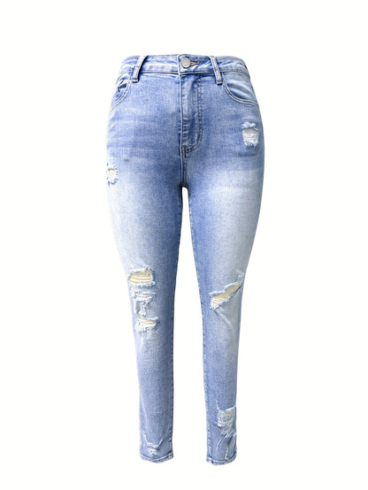 Women's Stretch Denim Jeans - Vintage Street Style, Mid-Rise, Ripped Knee-Length, Light Blue, Casual Streetwear, All-Season Comfort Fit, Comfortable Clothing | Vintage Street Style | Stretch Denim Fabric