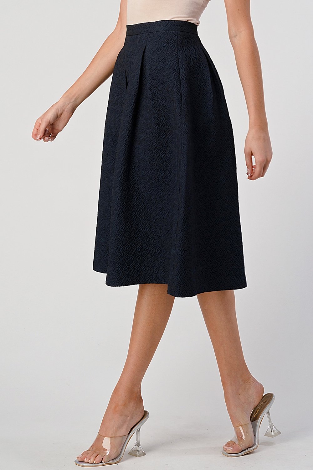 Textured Pleated A-Line Midi Skirt