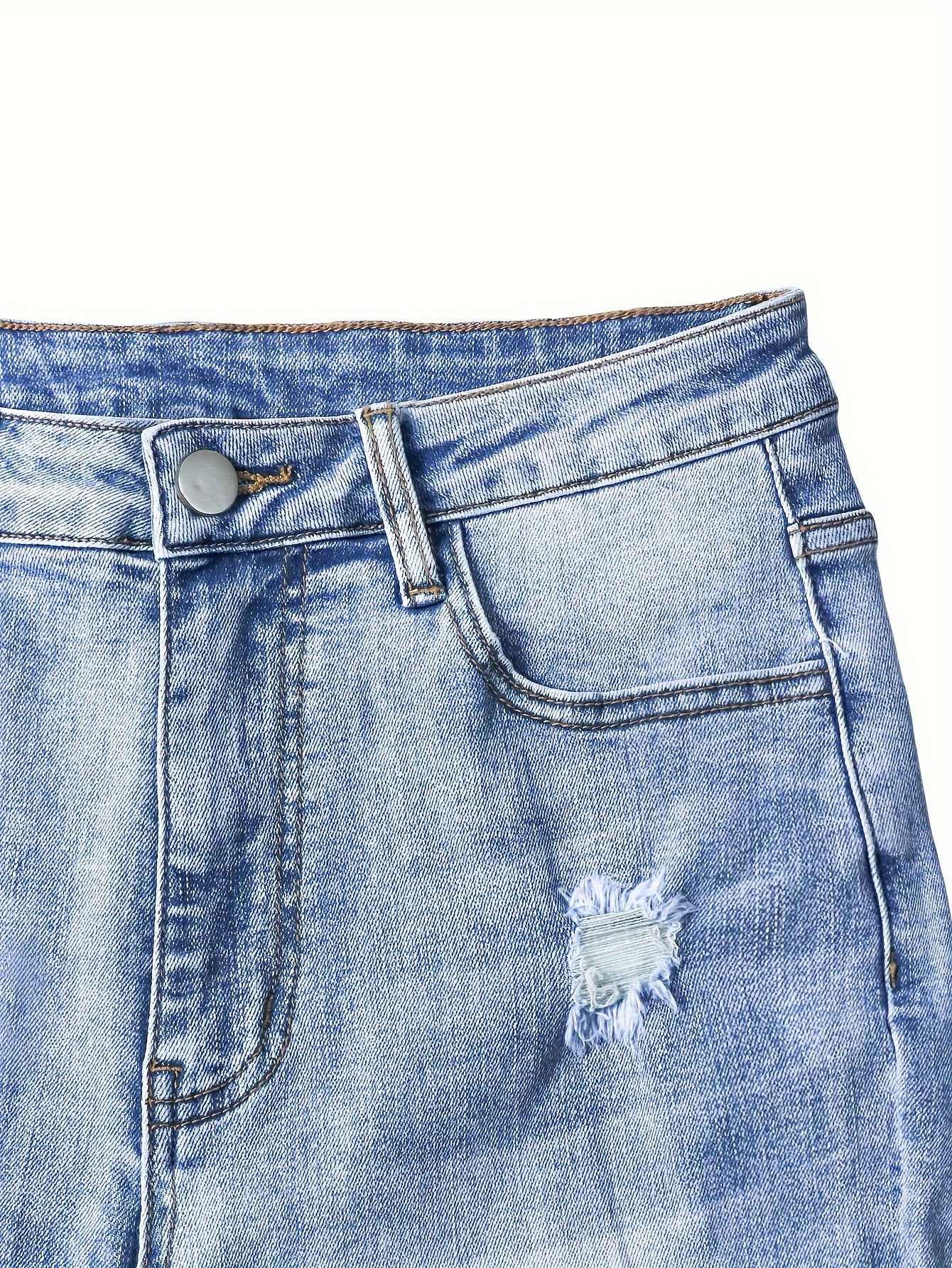 Women's Stretch Denim Jeans - Vintage Street Style, Mid-Rise, Ripped Knee-Length, Light Blue, Casual Streetwear, All-Season Comfort Fit, Comfortable Clothing | Vintage Street Style | Stretch Denim Fabric