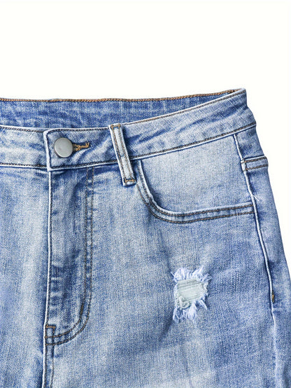 Women's Stretch Denim Jeans - Vintage Street Style, Mid-Rise, Ripped Knee-Length, Light Blue, Casual Streetwear, All-Season Comfort Fit, Comfortable Clothing | Vintage Street Style | Stretch Denim Fabric