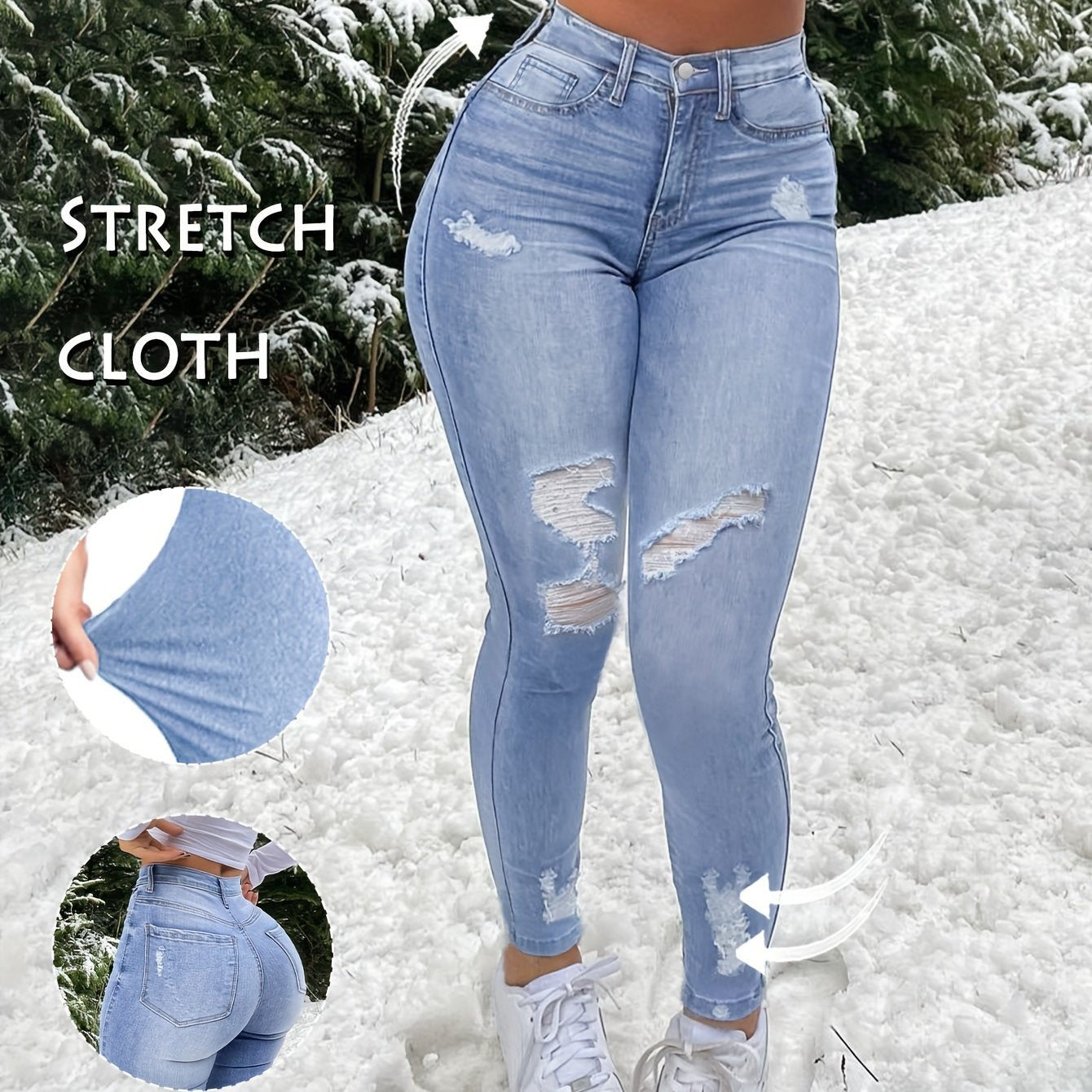 Women's Stretch Denim Jeans - Vintage Street Style, Mid-Rise, Ripped Knee-Length, Light Blue, Casual Streetwear, All-Season Comfort Fit, Comfortable Clothing | Vintage Street Style | Stretch Denim Fabric