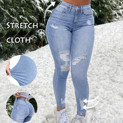Women's Stretch Denim Jeans - Vintage Street Style, Mid-Rise, Ripped Knee-Length, Light Blue, Casual Streetwear, All-Season Comfort Fit, Comfortable Clothing | Vintage Street Style | Stretch Denim Fabric