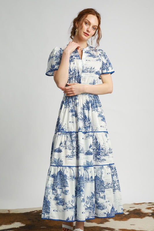 Landscape Print Tiered Maxi Dress