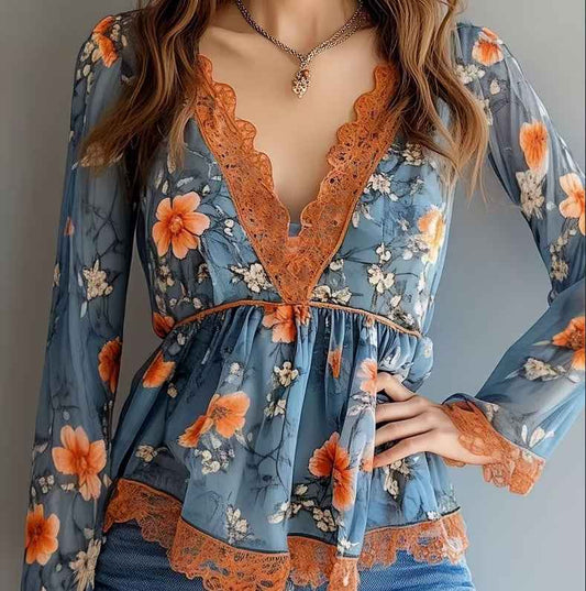 Vintage Blue Base With Orange Flowers V-neck Lace Blouse For Women, Slim-fit Flared Sleeve Chiffon Floral Shirt, Gentle And Elegant Spring-Summer Top