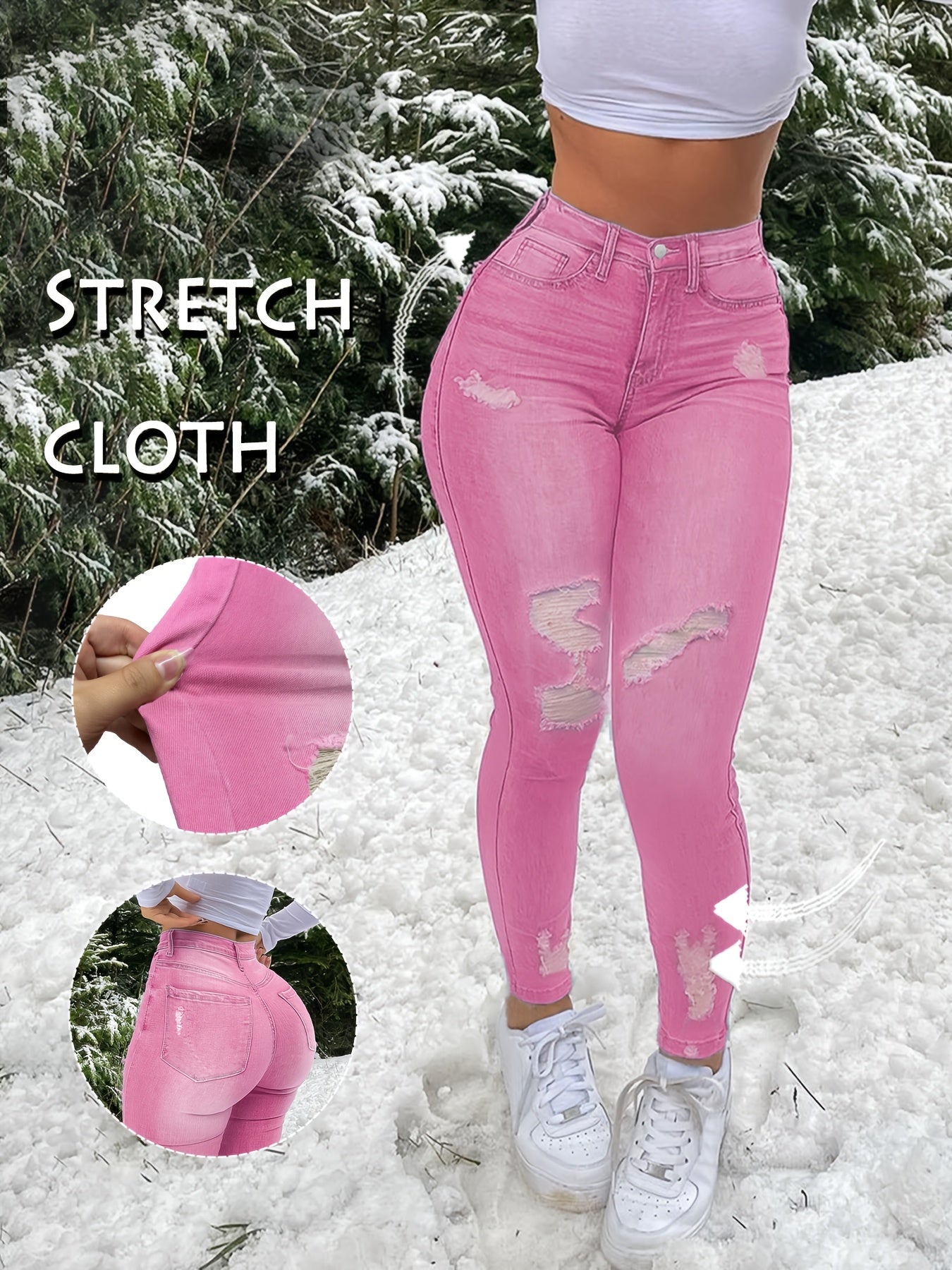 Women's Stretch Denim Jeans - Vintage Street Style, Mid-Rise, Ripped Knee-Length, Light Blue, Casual Streetwear, All-Season Comfort Fit, Comfortable Clothing | Vintage Street Style | Stretch Denim Fabric
