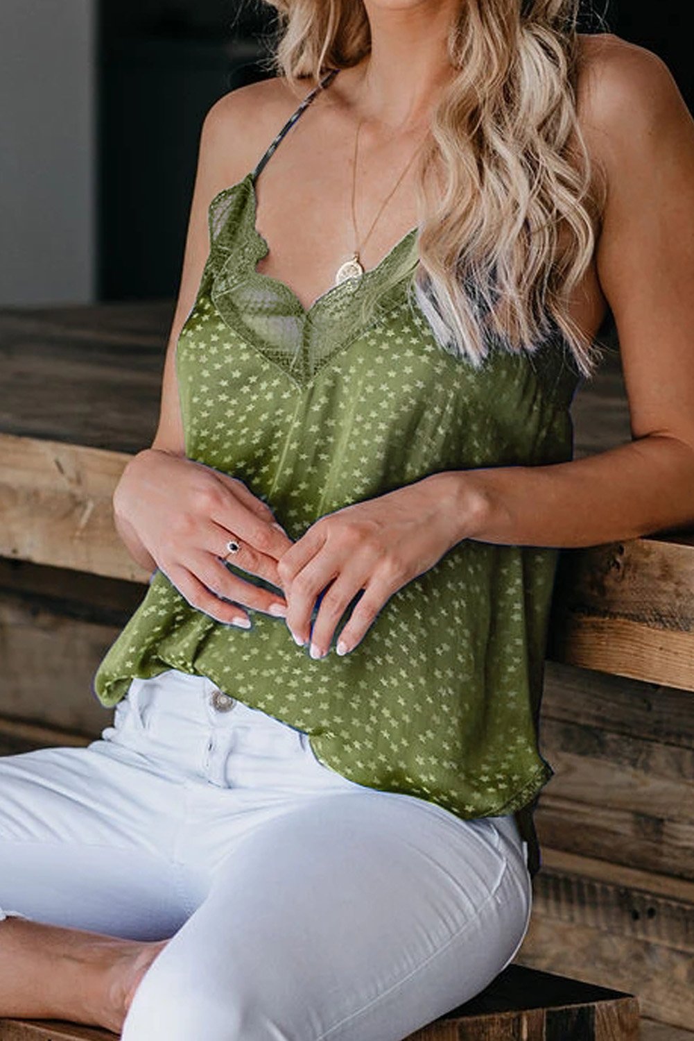 Spaghetti Strap Printed Lace Tank Top