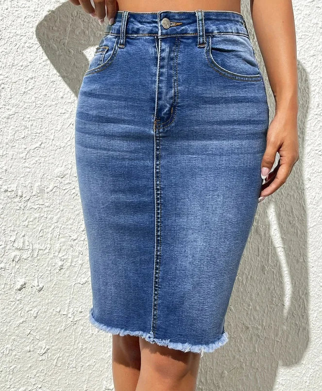 2026 Summer New Women's High Waist Slim Denim Skirt Fashion High Elasticity Tight Raw Edge Hip Sexy Jeans Skirt