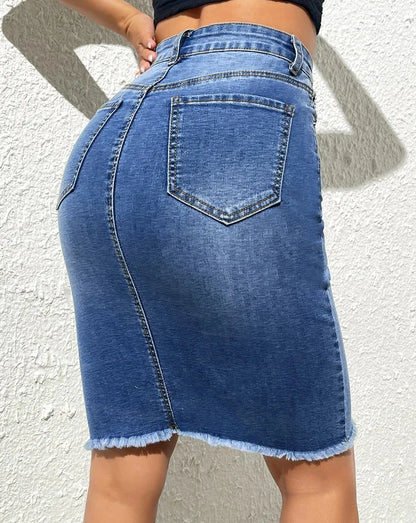 2026 Summer New Women's High Waist Slim Denim Skirt Fashion High Elasticity Tight Raw Edge Hip Sexy Jeans Skirt