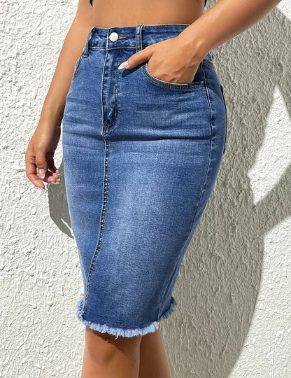 2026 Summer New Women's High Waist Slim Denim Skirt Fashion High Elasticity Tight Raw Edge Hip Sexy Jeans Skirt