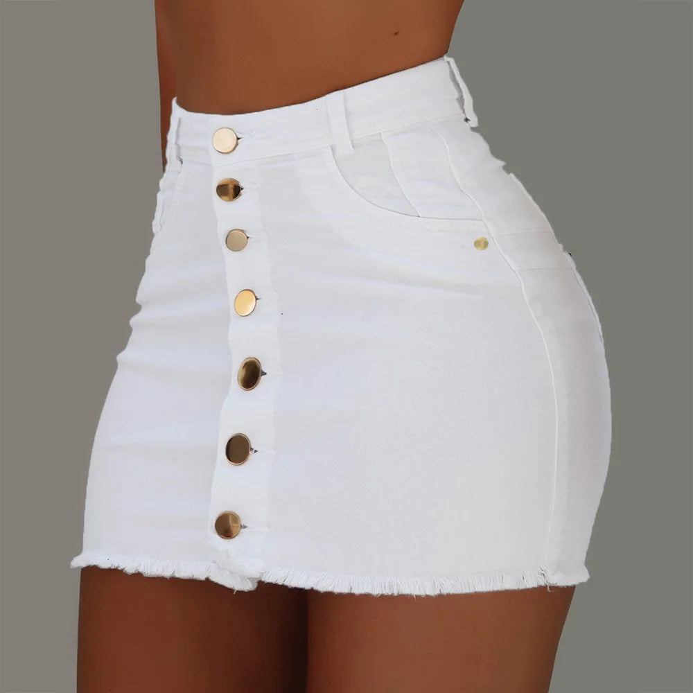 BKLD 2019 New Fashion Summer Women Single Breasted Pockets Stretchy Jeans Skirt High Waist Bodycon Skinny Denim Short Mini Skirt