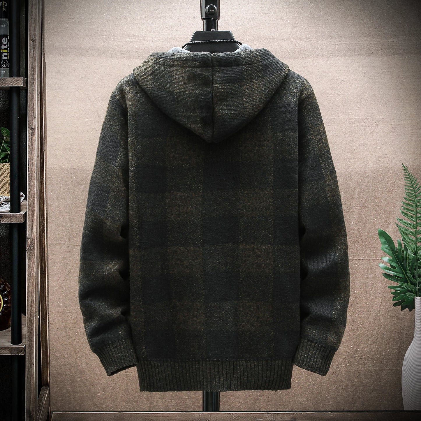 Plaid Wool Hooded Cardigan