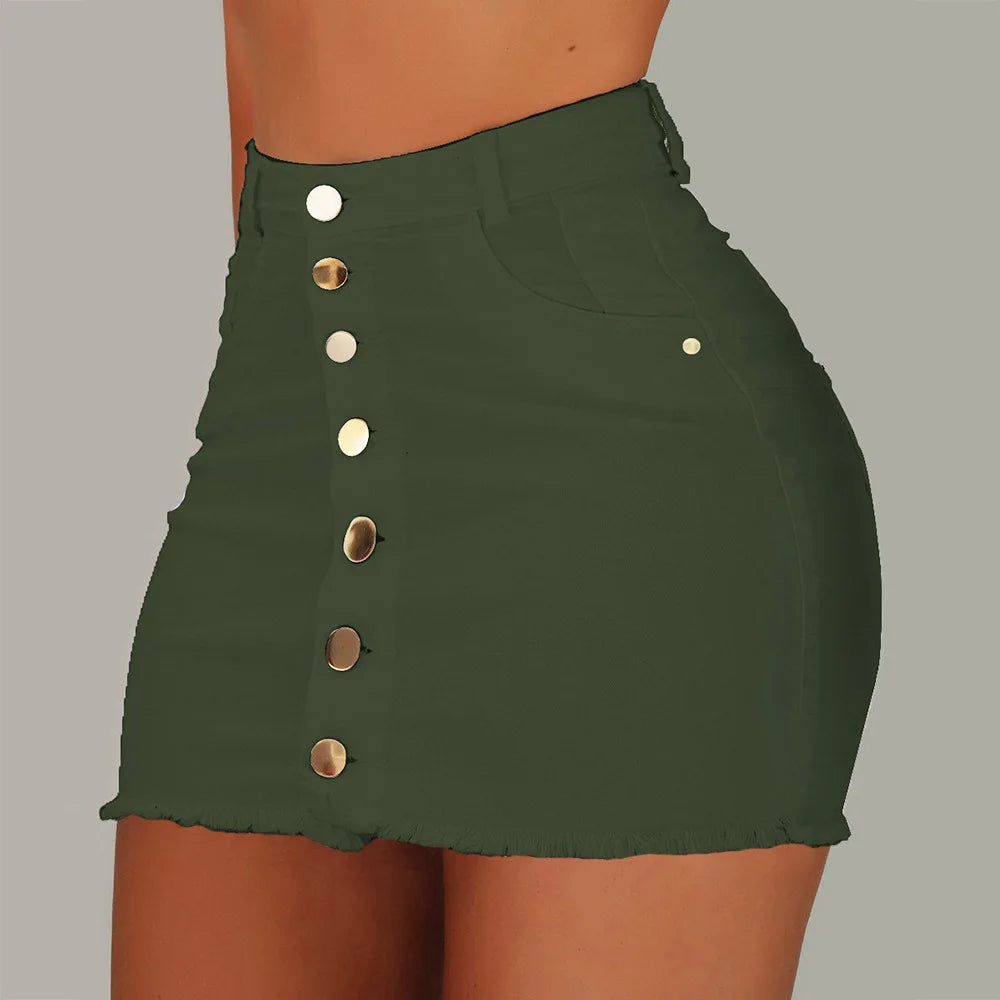 BKLD 2019 New Fashion Summer Women Single Breasted Pockets Stretchy Jeans Skirt High Waist Bodycon Skinny Denim Short Mini Skirt