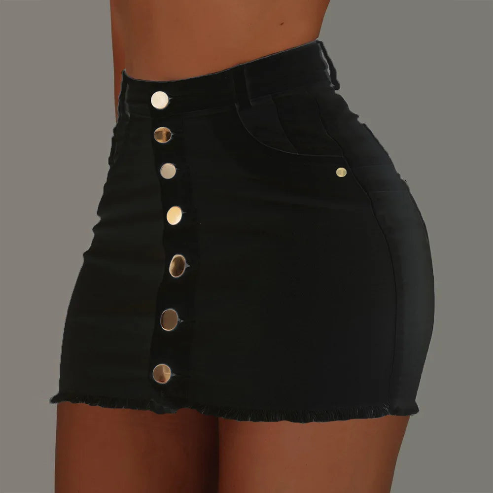 BKLD 2019 New Fashion Summer Women Single Breasted Pockets Stretchy Jeans Skirt High Waist Bodycon Skinny Denim Short Mini Skirt