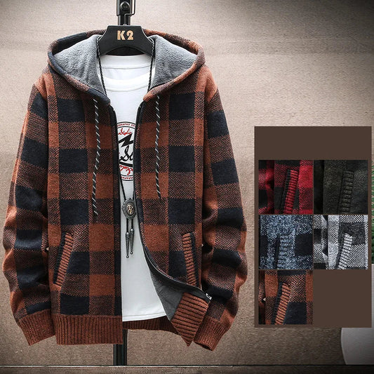Plaid Wool Hooded Cardigan