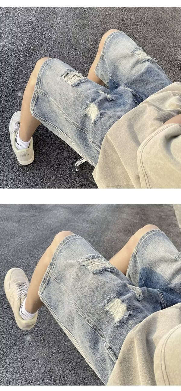Five-point Denim Shorts Men's Korean-style Hole Loose Summer Thin Five-point Casual Pants Retro plus size Trendy Men's Pants