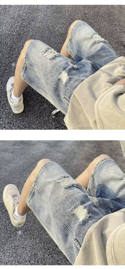 Five-point Denim Shorts Men's Korean-style Hole Loose Summer Thin Five-point Casual Pants Retro plus size Trendy Men's Pants