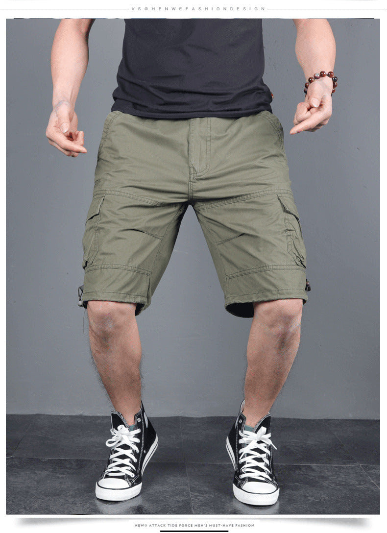 Summer Men's Multi-Pocket Workwear Shorts Small Zipper Shorts Loose Casual Pants Mid-Pants Large Pants with Loose Waist