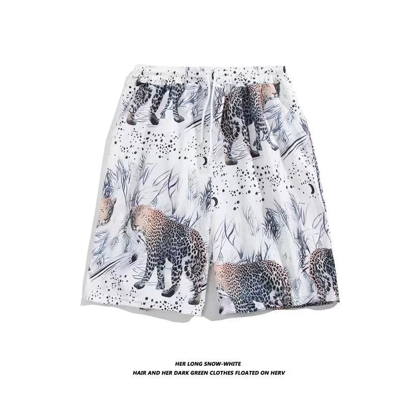 Trendy Hawaiian Beach Shorts for Men, Summer Casual Retro Printed Loose Shorts, Water-Resistant Thin Ice Silk Knee-Length Shorts
