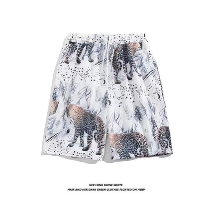 Trendy Hawaiian Beach Shorts for Men, Summer Casual Retro Printed Loose Shorts, Water-Resistant Thin Ice Silk Knee-Length Shorts
