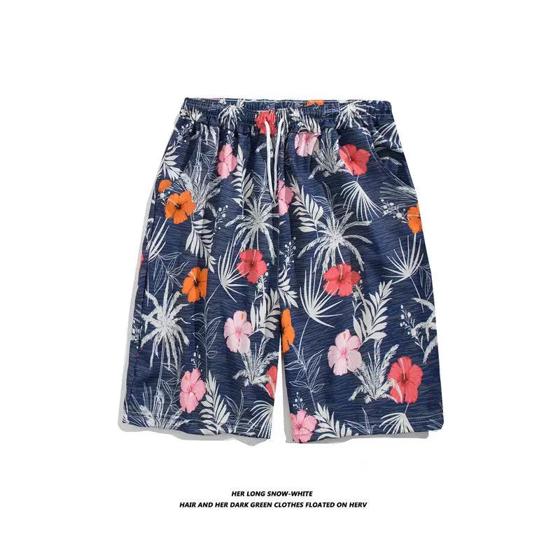 Trendy Hawaiian Beach Shorts for Men, Summer Casual Retro Printed Loose Shorts, Water-Resistant Thin Ice Silk Knee-Length Shorts