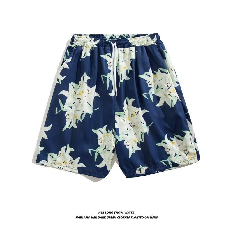 Trendy Hawaiian Beach Shorts for Men, Summer Casual Retro Printed Loose Shorts, Water-Resistant Thin Ice Silk Knee-Length Shorts