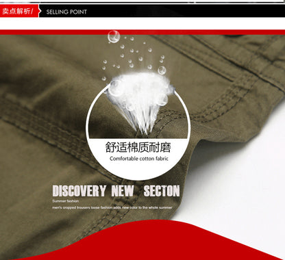 Summer Men's Multi-Pocket Workwear Shorts Small Zipper Shorts Loose Casual Pants Mid-Pants Large Pants with Loose Waist