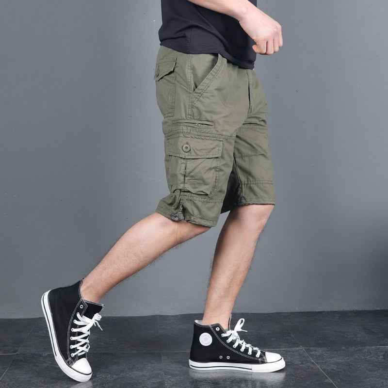 Summer Men's Multi-Pocket Workwear Shorts Small Zipper Shorts Loose Casual Pants Mid-Pants Large Pants with Loose Waist