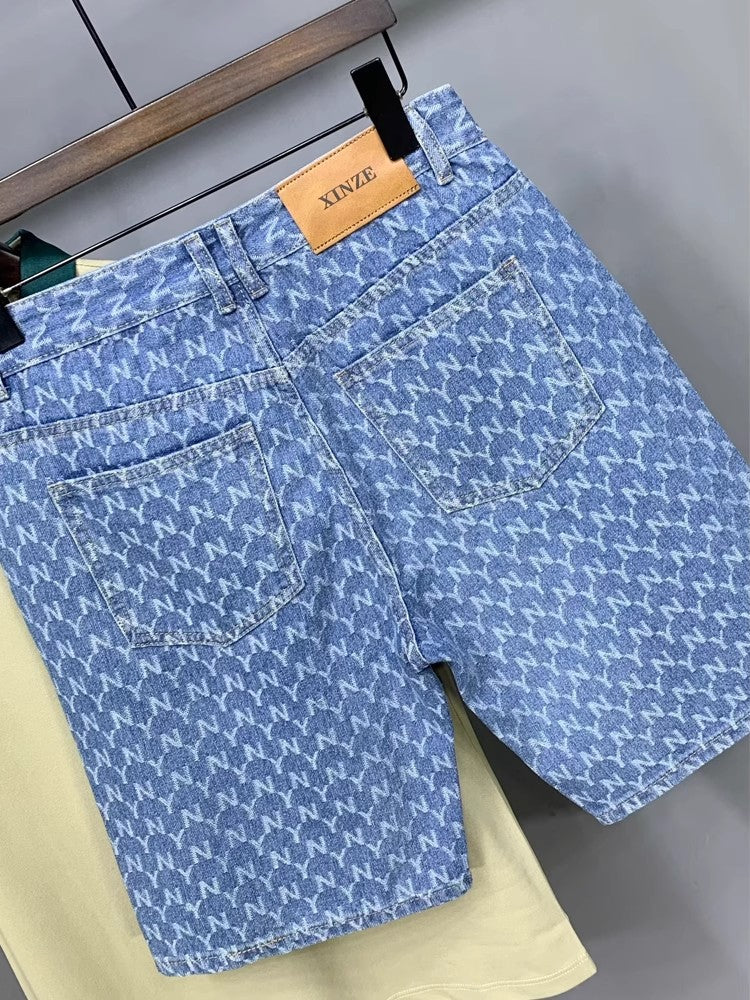 Men's Denim Shorts 2025 New Summer Thin Slim Fit American Style Five-Point Shorts Trendy Printed Pants
