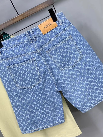 Men's Denim Shorts 2025 New Summer Thin Slim Fit American Style Five-Point Shorts Trendy Printed Pants
