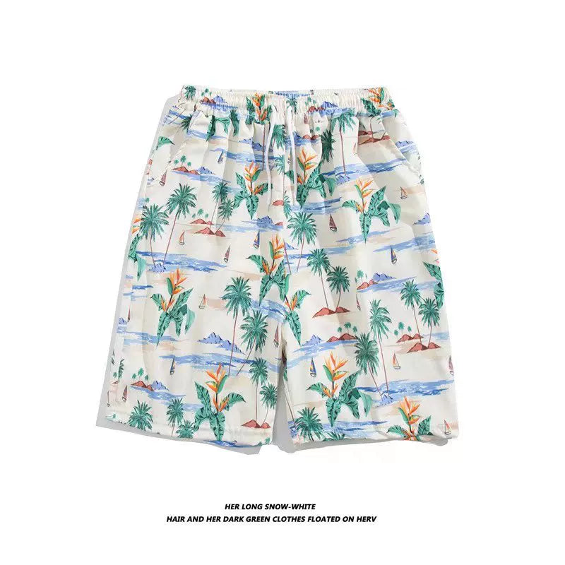 Trendy Hawaiian Beach Shorts for Men, Summer Casual Retro Printed Loose Shorts, Water-Resistant Thin Ice Silk Knee-Length Shorts