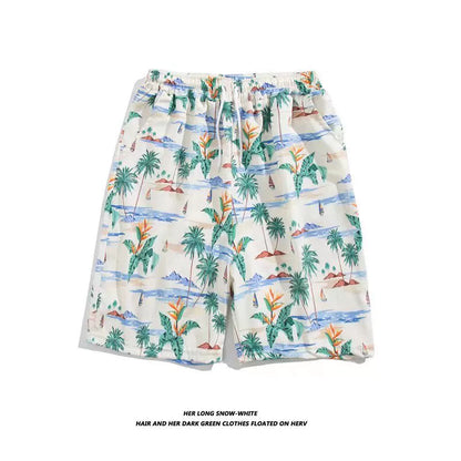 Trendy Hawaiian Beach Shorts for Men, Summer Casual Retro Printed Loose Shorts, Water-Resistant Thin Ice Silk Knee-Length Shorts